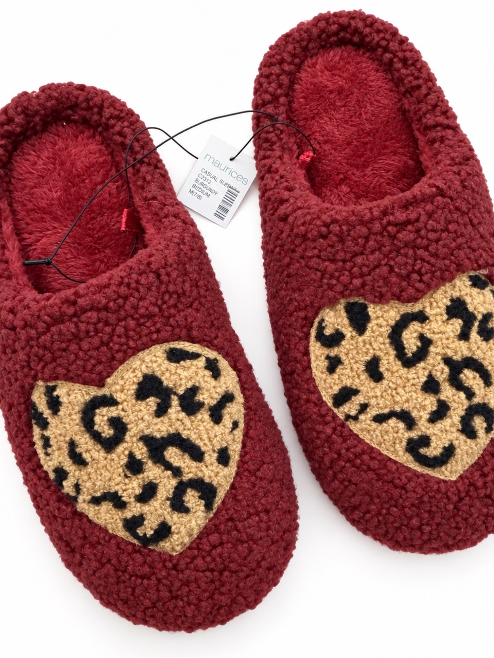 Maurices Burgundy Sherpa Leopard Heart Slippers M/L 8.5-11 NWT